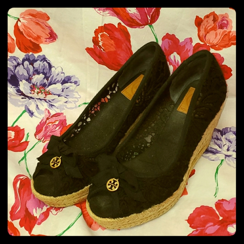Tory Burch Jackie Black Lace Espadrille Wedge